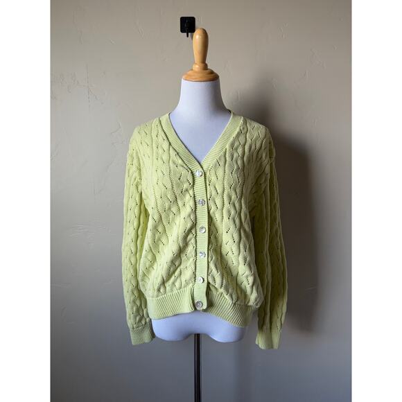 Light Green Cable Knit 100% Cotton Made in USA V Neck Cardigan- Size Large - Picture 7 of 7